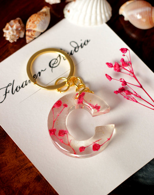 Alphabet Resin Keychain, Letter Keychain, Yellow and Pink Flower Resin Keychain