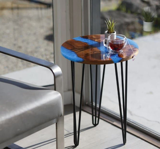 Blue Resin Coffee Table, and Wood Resin Slice, Customization Available